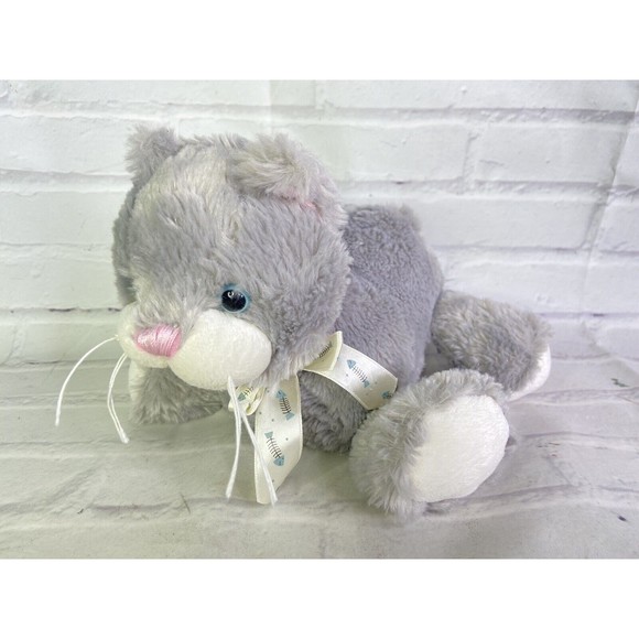 Fiesta Kitten Kitty Cat Floppy Stuffed Plush Gray White Fish Bone Bow Pink Nose - Picture 1 of 10